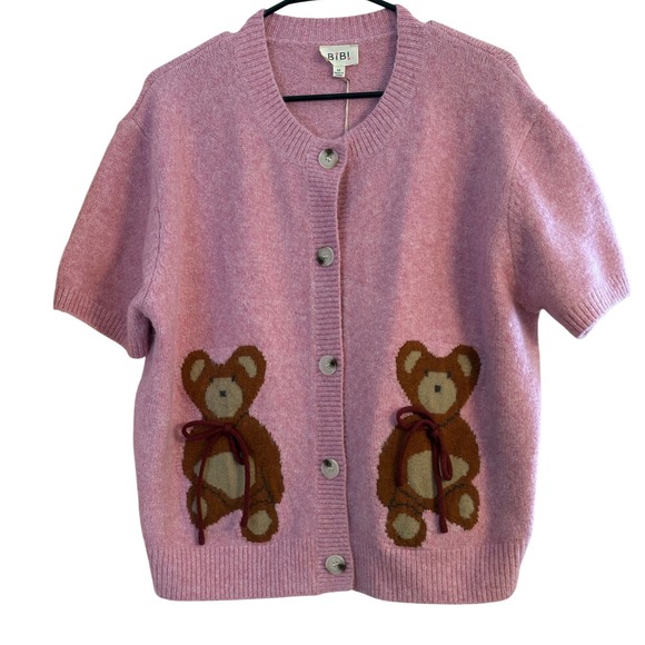 BIBI Pink Teddy Bear Intarsia Short Sleeve Cardigan Sweater New - Picture 3 of 7